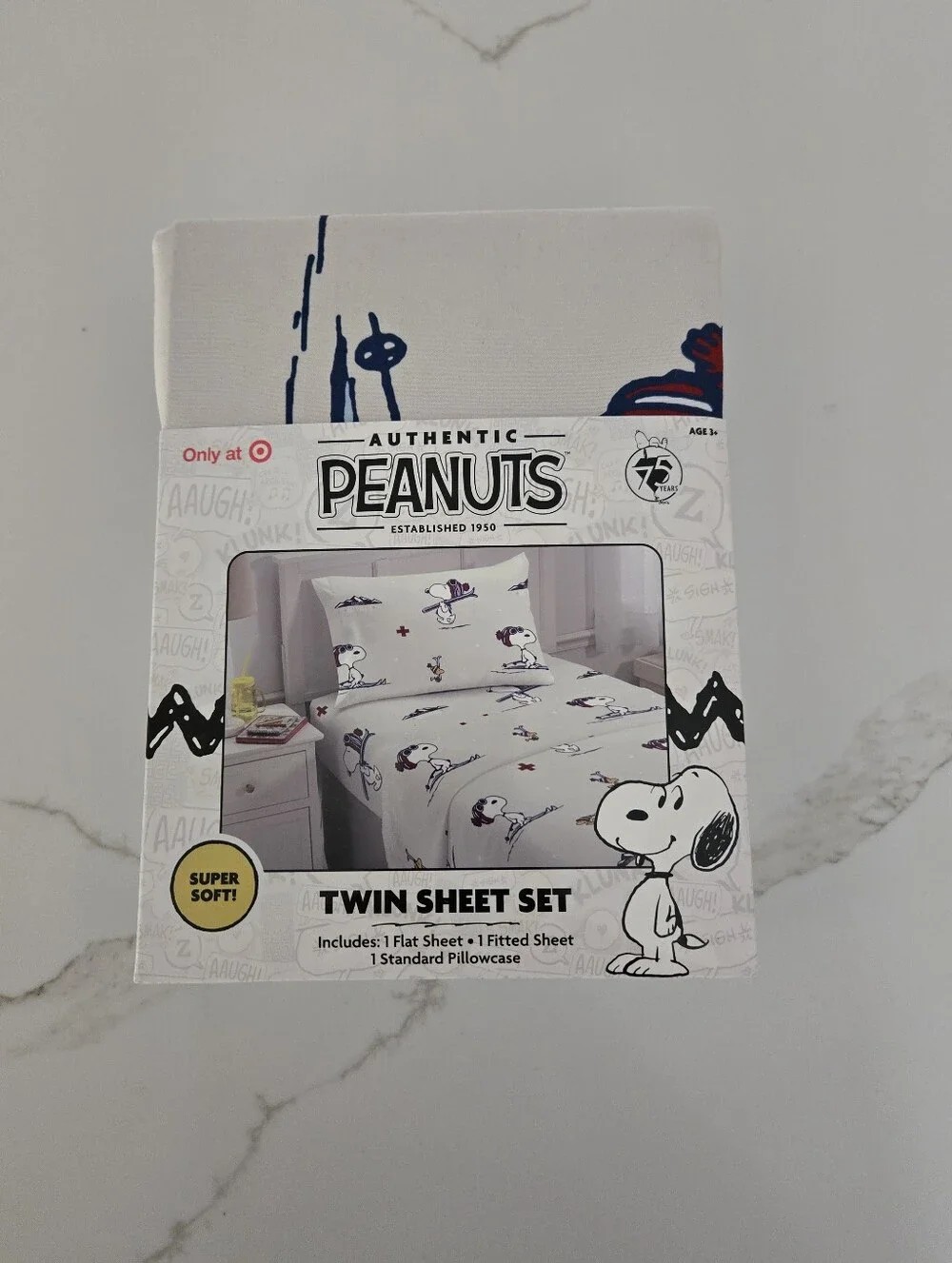 NWT Peanuts Twin Sheet Set in White with Navy and Red Snoopy Accents